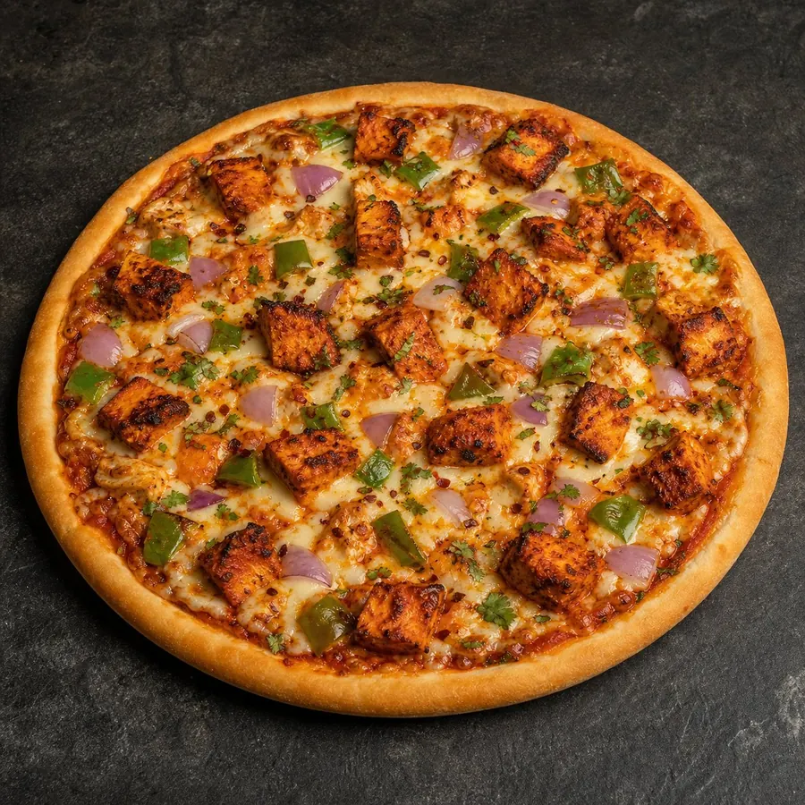 Pakistani chicken tikka pizza