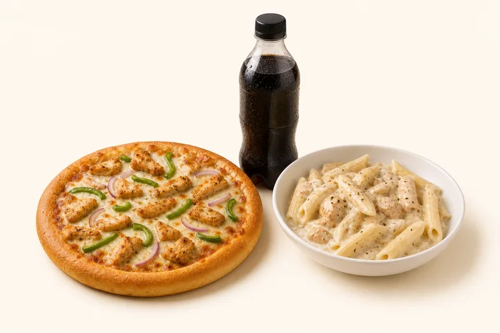 A small chicken pizza, creamy pasta and a soft drink for Deal 1