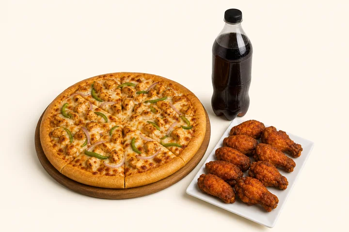 A medium chicken pizza, hot wings and a soft drink for Deal 3