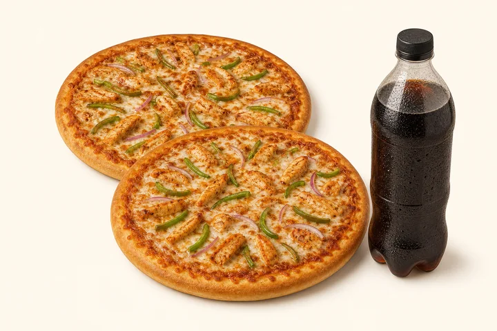 Two large chicken pizzas and a soft drink for Deal 8