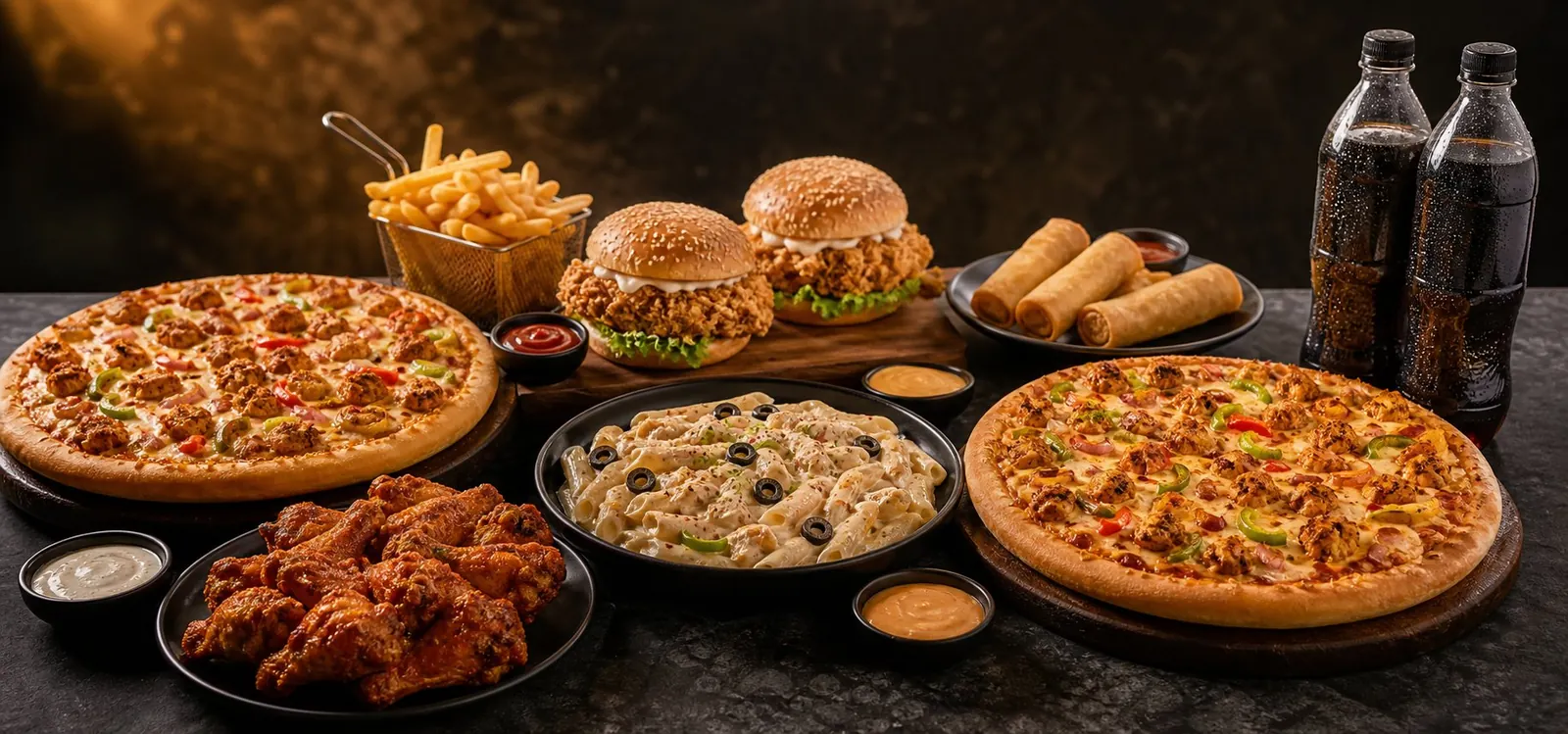 Pakistani family pizza deal with pizza, pasta, burgers, wings and soft drinks